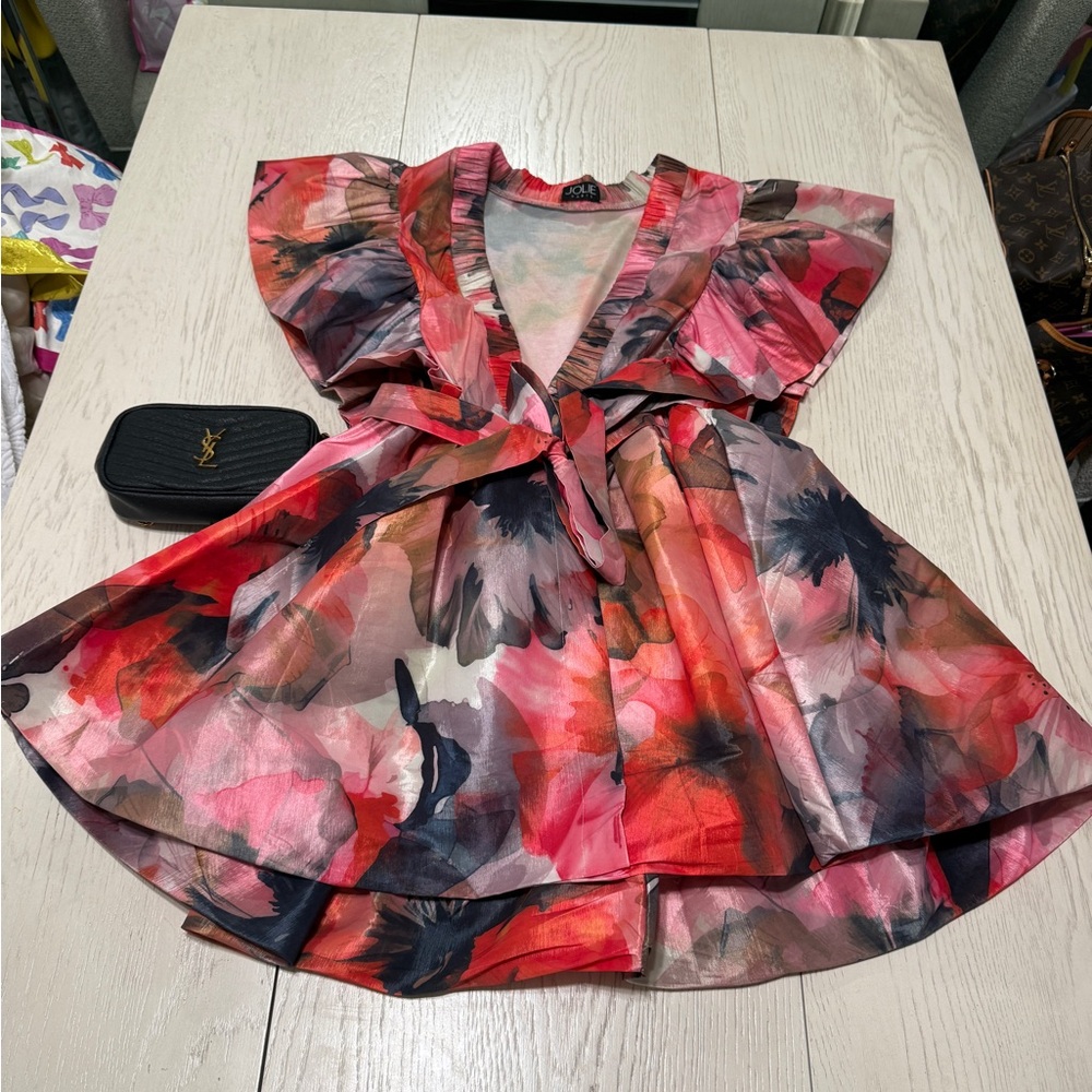 Vibrant Floral V-Neck Dress with Ruffle Sleeves